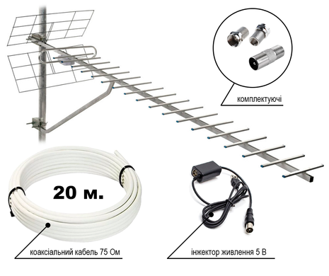 Комплект Т2 посилення "Максимальний" (антена Energy 1.5 м, 20 м кабелю, інжектор живлення і комплектуючі)
