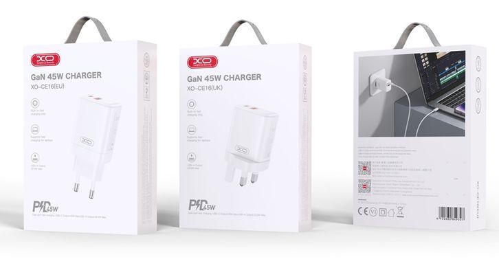 Мережевий зарядний пристрій XO CE16 - 45W PD USB-C & 22.5W QC USB-A