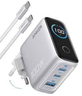 Сетевая зарядка ANKER GaN Charger 100W, 2xUSB-C PD & 1xUSB-A w Display and Cable (Silver)