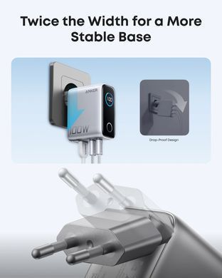 Мережева зарядка ANKER GaN Charger 100W, 2xUSB-C PD & 1xUSB-A w Display and Cable (Silver)