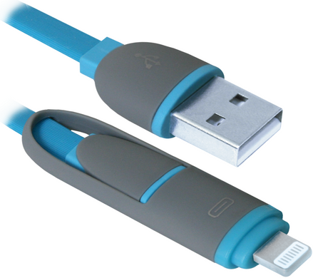 Кабель DEFENDER USB10-03BP USB(AM)-MicroUSB+Lightning синий 1м